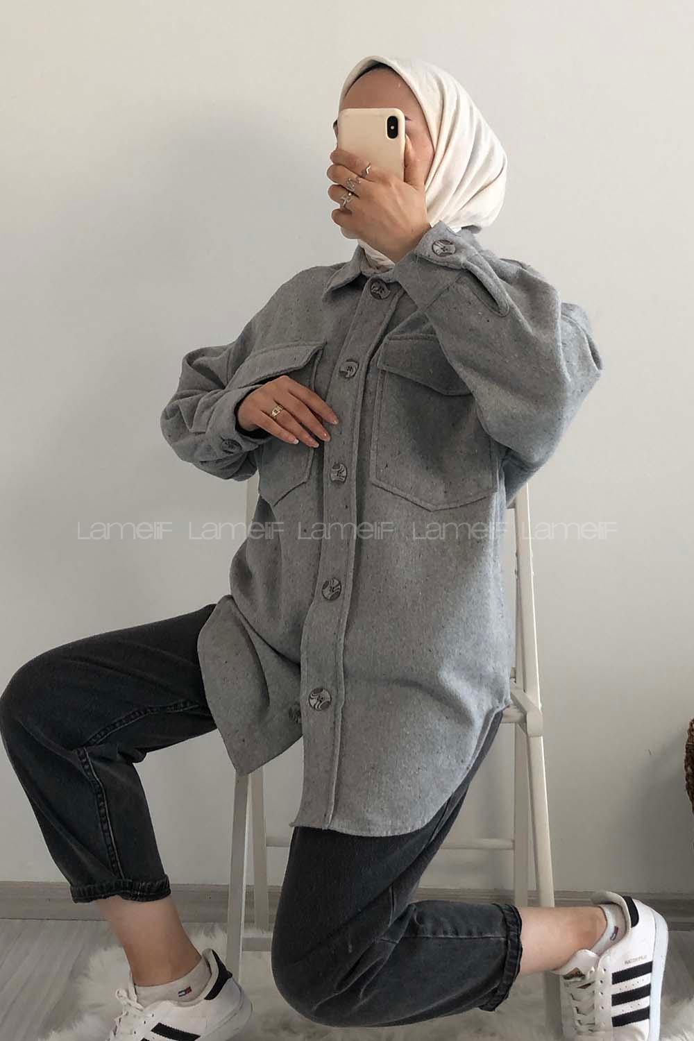 Modalamelif Kapak Cepli Oduncu Gömlek Gri