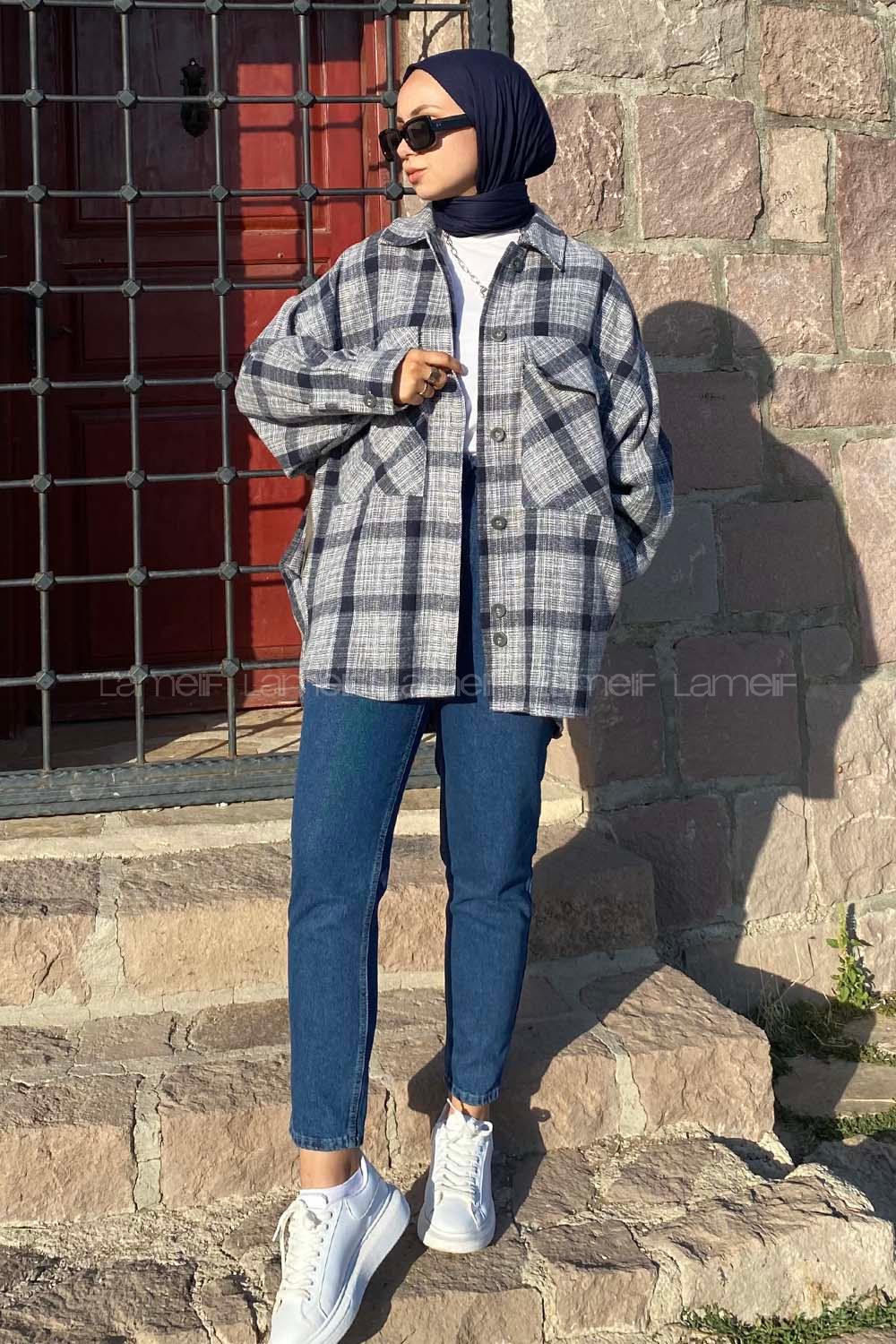 Modalamelif Kapak Cepli Önü Boydan Düğmeli Oduncu Gömlek Gri