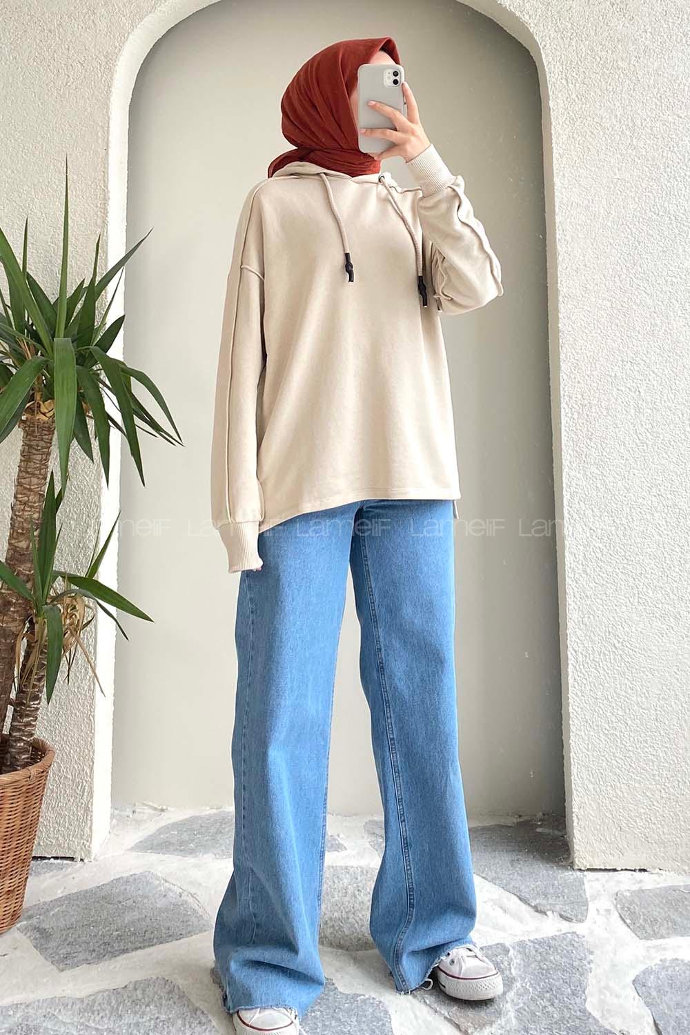 Modalamelif Kapüşon Detaylı Ters Dikiş Model Ursula Sweat Bej