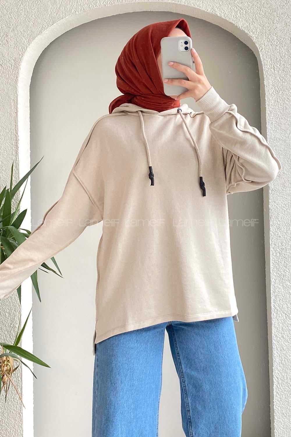 Modalamelif Kapüşon Detaylı Ters Dikiş Model Ursula Sweat Bej