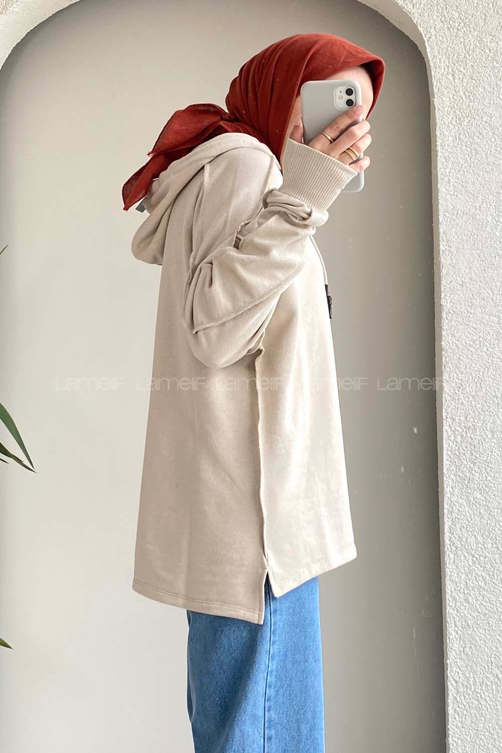 Modalamelif Kapüşon Detaylı Ters Dikiş Model Ursula Sweat Bej