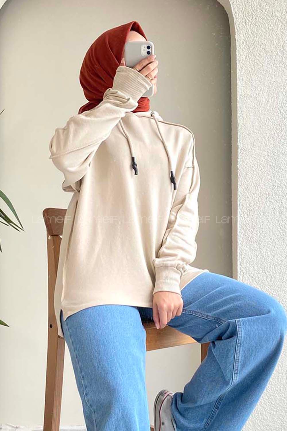Modalamelif Kapüşon Detaylı Ters Dikiş Model Ursula Sweat Bej