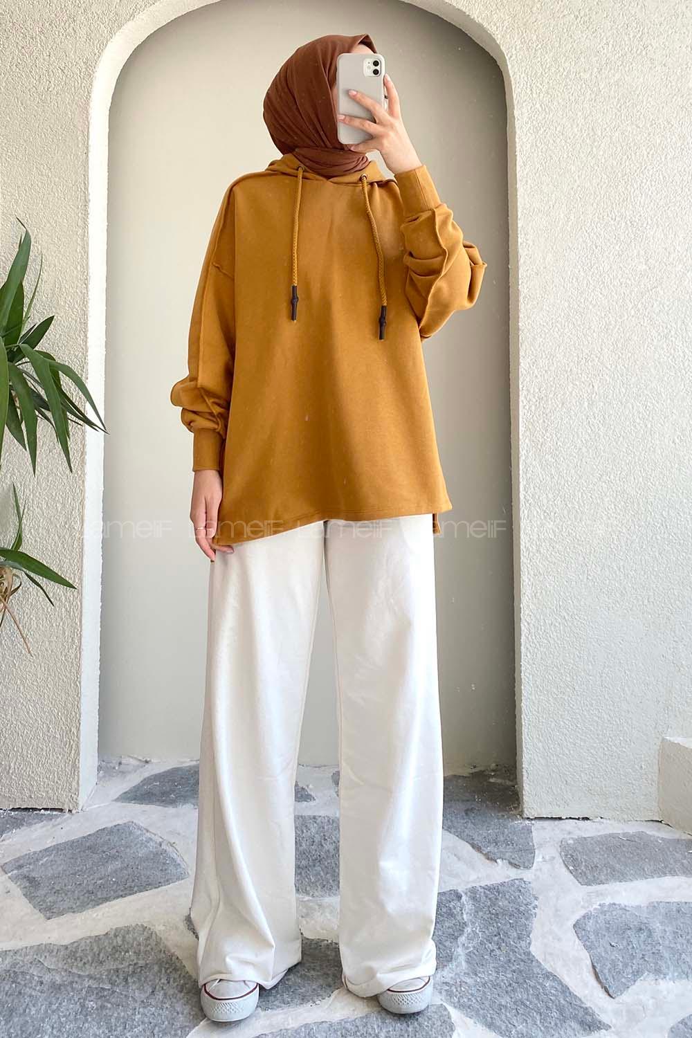 Modalamelif Kapüşon Detaylı Ters Dikiş Model Ursula Sweat Camel