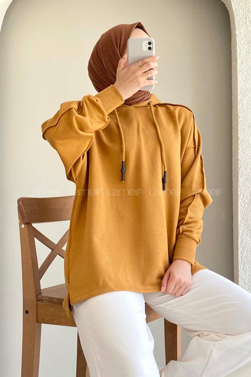 Modalamelif Kapüşon Detaylı Ters Dikiş Model Ursula Sweat Camel