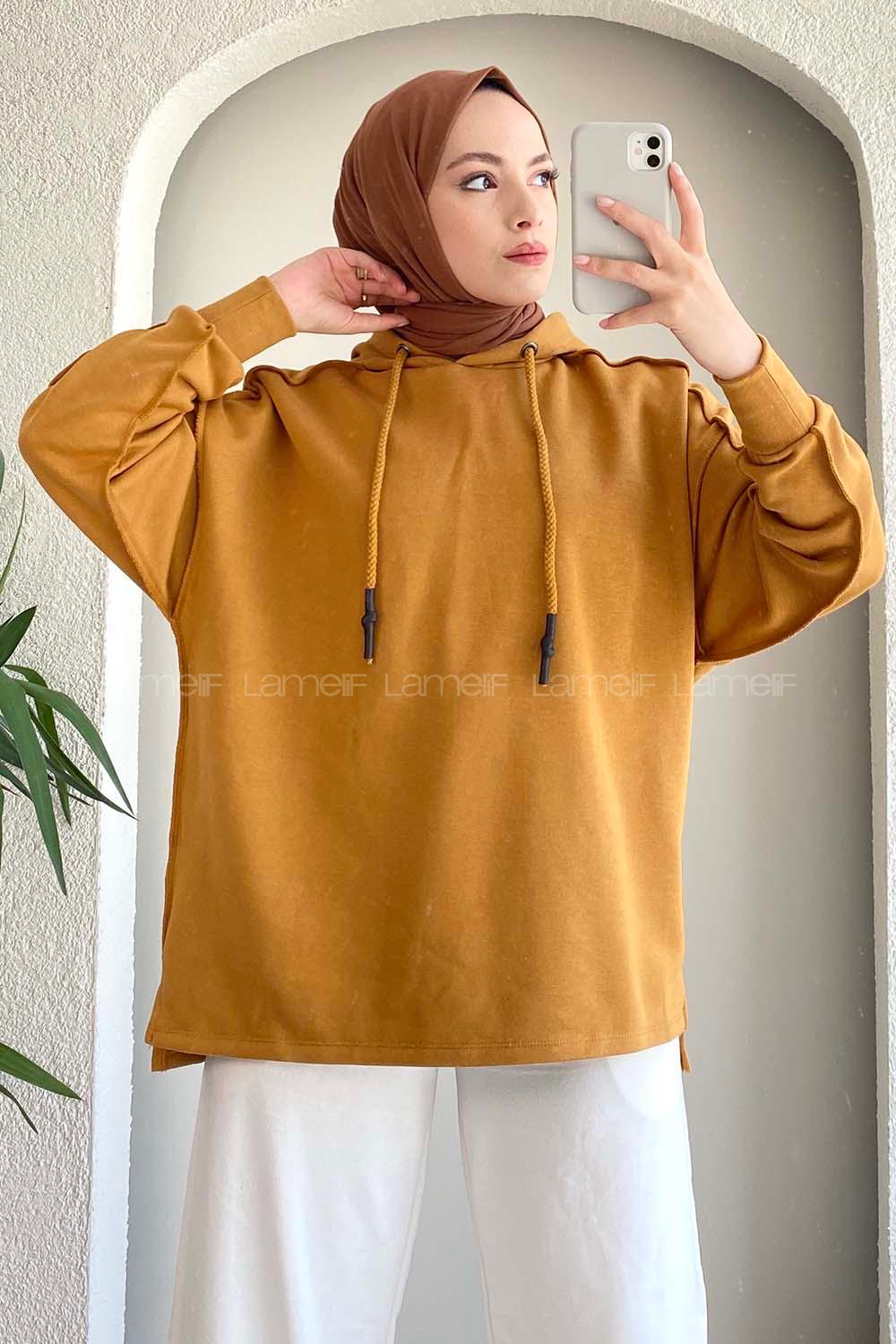 Modalamelif Kapüşon Detaylı Ters Dikiş Model Ursula Sweat Camel