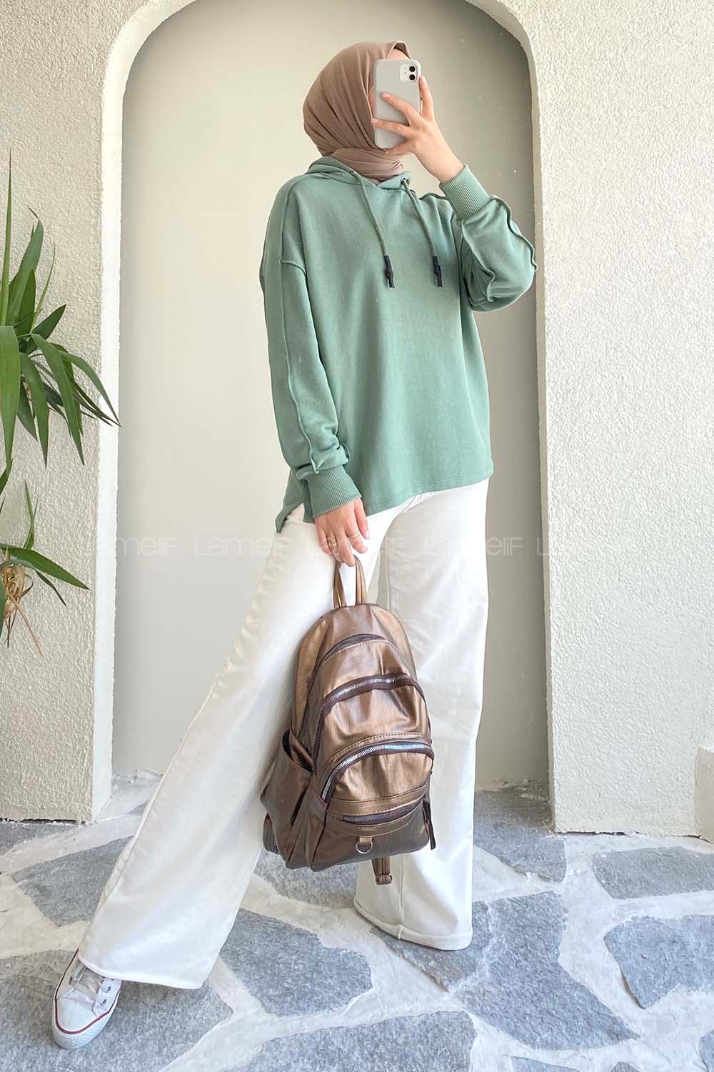 Modalamelif Kapüşon Detaylı Ters Dikiş Model Ursula Sweat Pastel Yeşil