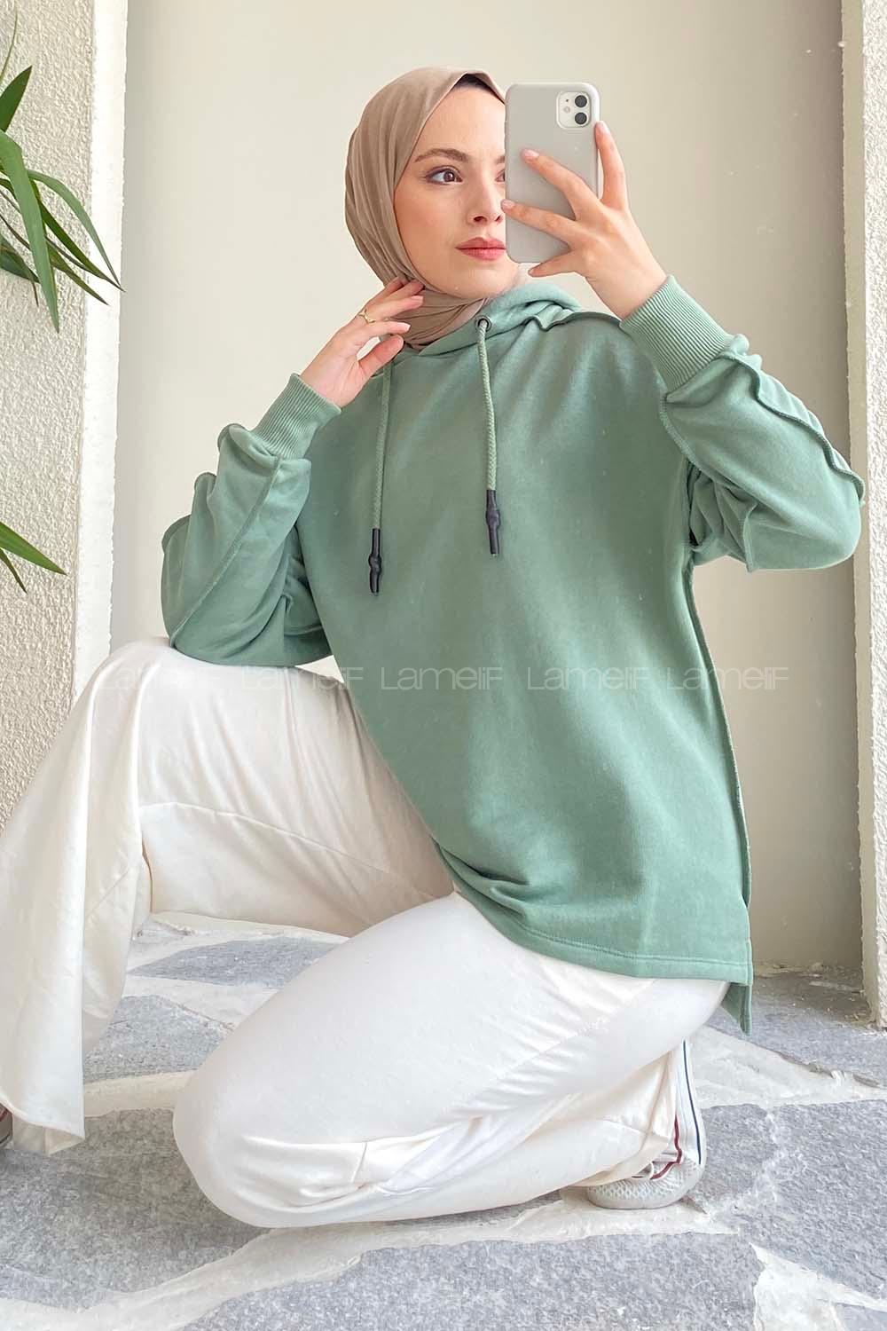 Modalamelif Kapüşon Detaylı Ters Dikiş Model Ursula Sweat Pastel Yeşil
