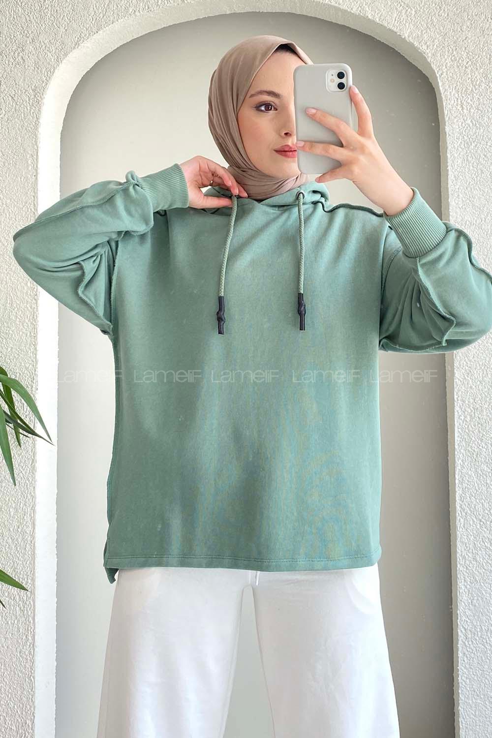 Modalamelif Kapüşon Detaylı Ters Dikiş Model Ursula Sweat Pastel Yeşil