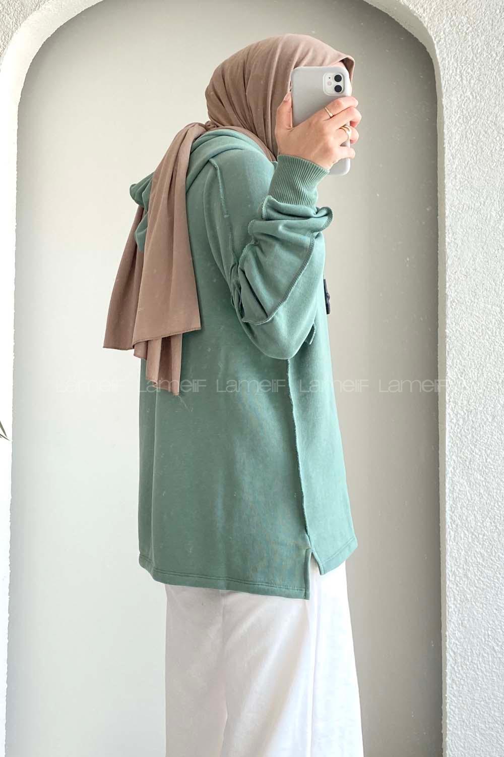 Modalamelif Kapüşon Detaylı Ters Dikiş Model Ursula Sweat Pastel Yeşil