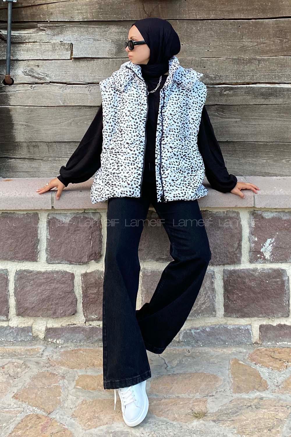 Modalamelif Kapüşonlu Çift Cepli Benekli Şişme Yelek Siyah