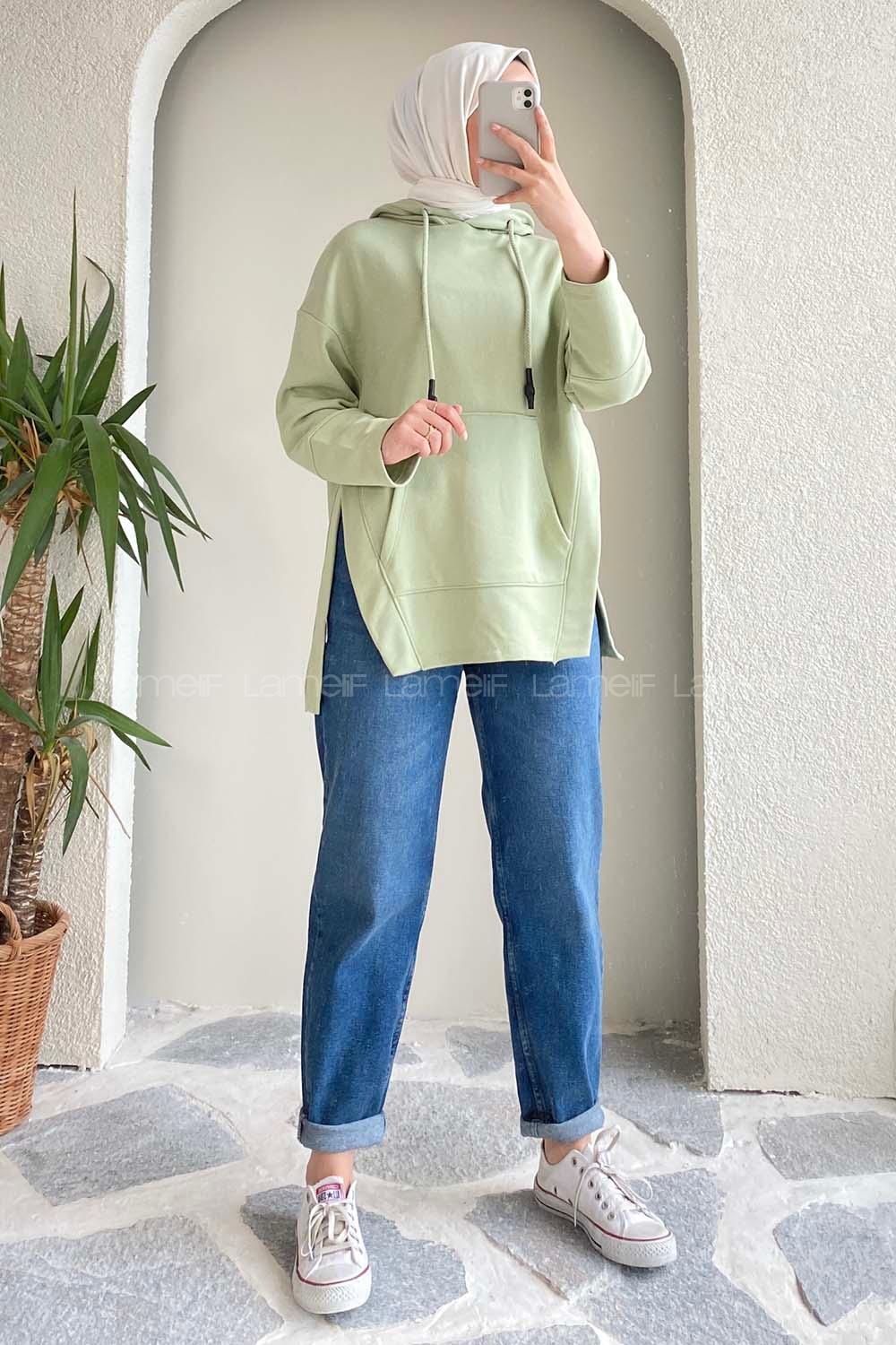 Modalamelif Kapüşonlu Kanguru Cepli Yırtmaç Detaylı Isabelle Sweat Çağla Yeşili