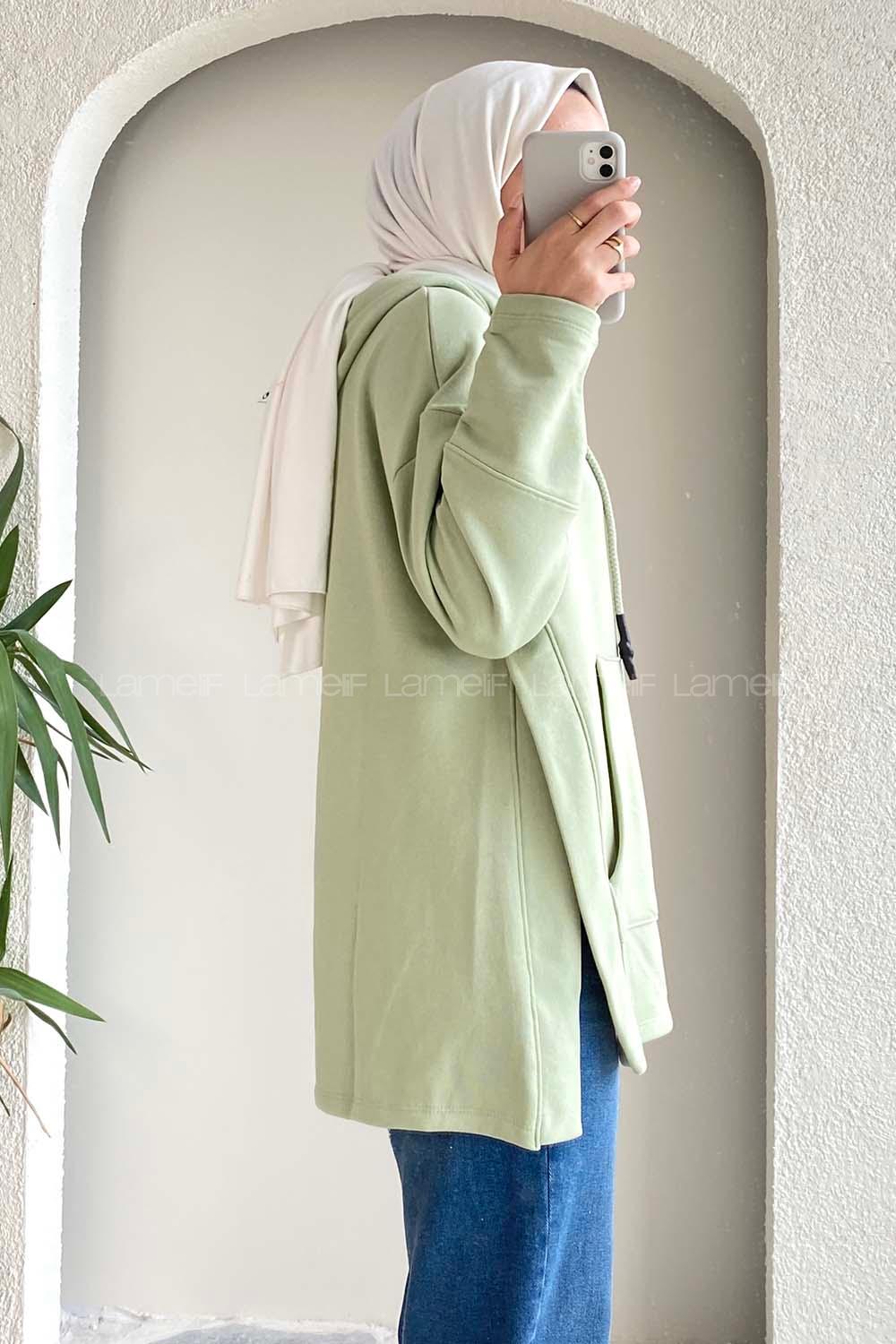 Modalamelif Kapüşonlu Kanguru Cepli Yırtmaç Detaylı Isabelle Sweat Çağla Yeşili