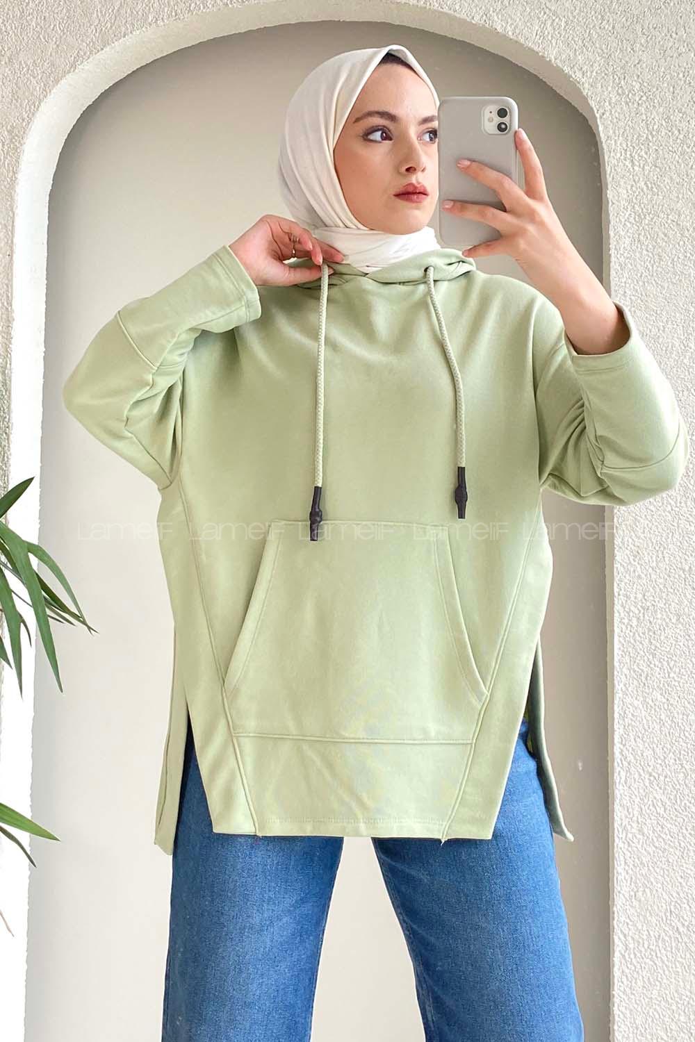 Modalamelif Kapüşonlu Kanguru Cepli Yırtmaç Detaylı Isabelle Sweat Çağla Yeşili