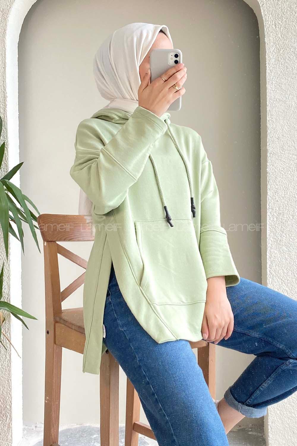 Modalamelif Kapüşonlu Kanguru Cepli Yırtmaç Detaylı Isabelle Sweat Çağla Yeşili