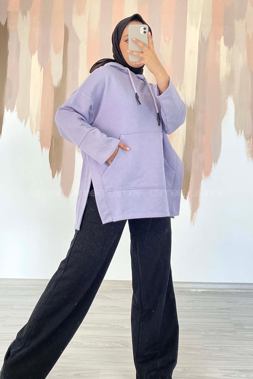 Modalamelif Kapüşonlu Kanguru Cepli Yırtmaç Detaylı Isabelle Sweat Lila