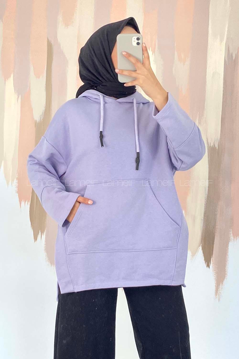 Modalamelif Kapüşonlu Kanguru Cepli Yırtmaç Detaylı Isabelle Sweat Lila
