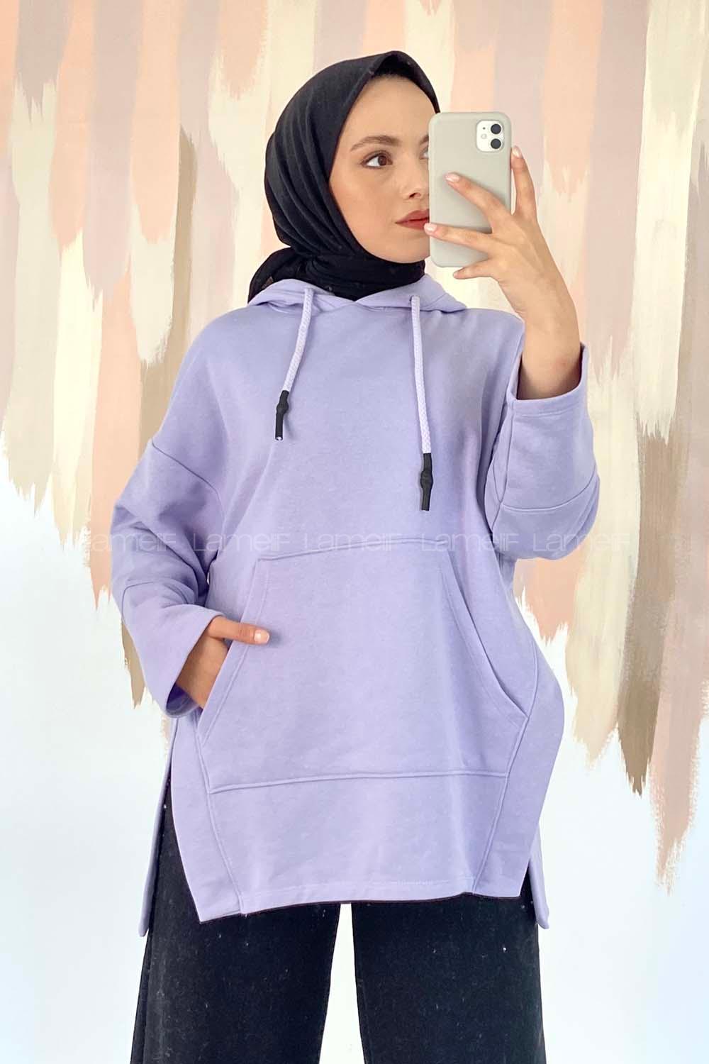 Modalamelif Kapüşonlu Kanguru Cepli Yırtmaç Detaylı Isabelle Sweat Lila