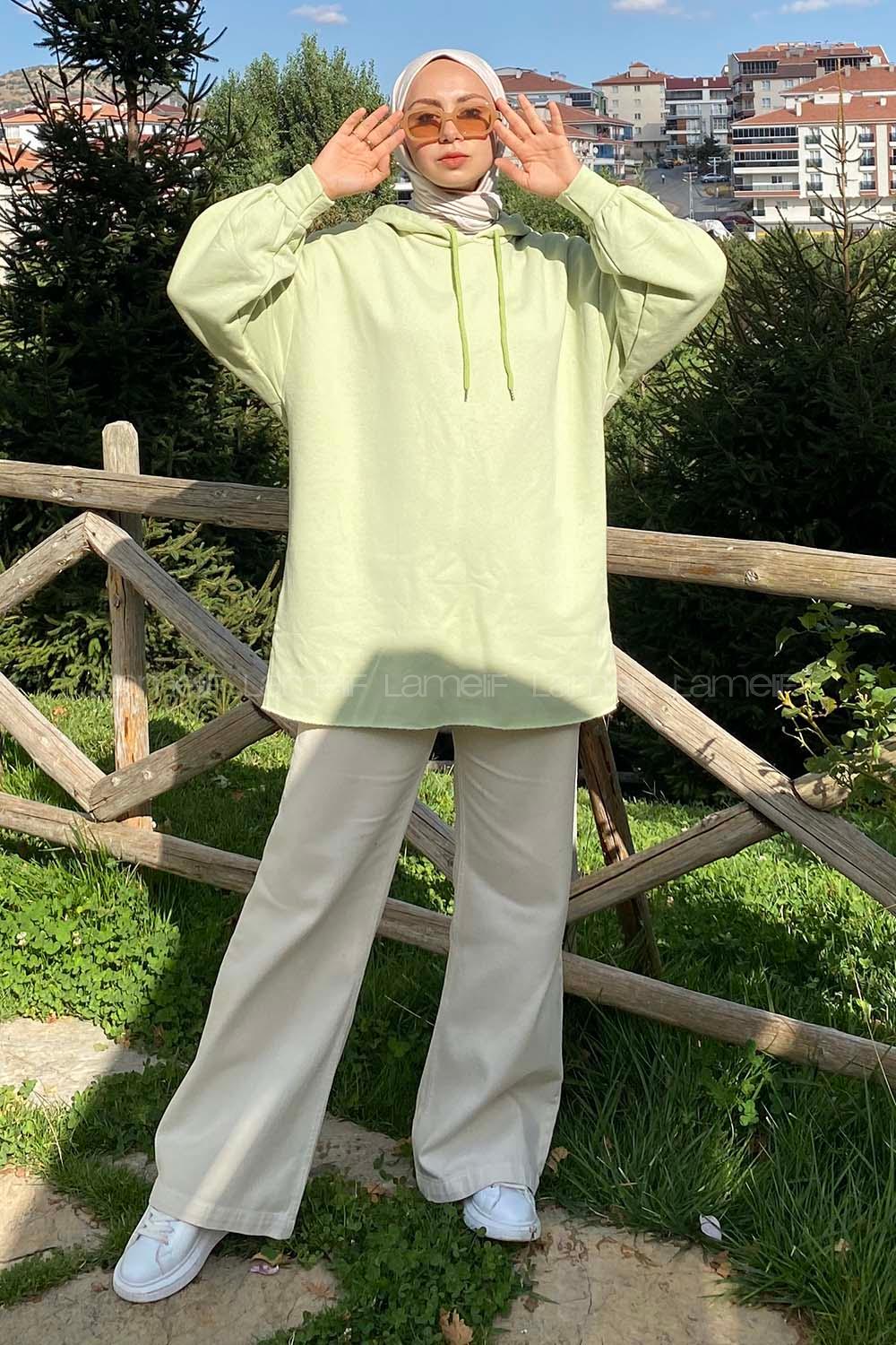 Modalamelif Kolları Büzgülü Kapüşonlu Salaş Sweat Çağla Yeşili