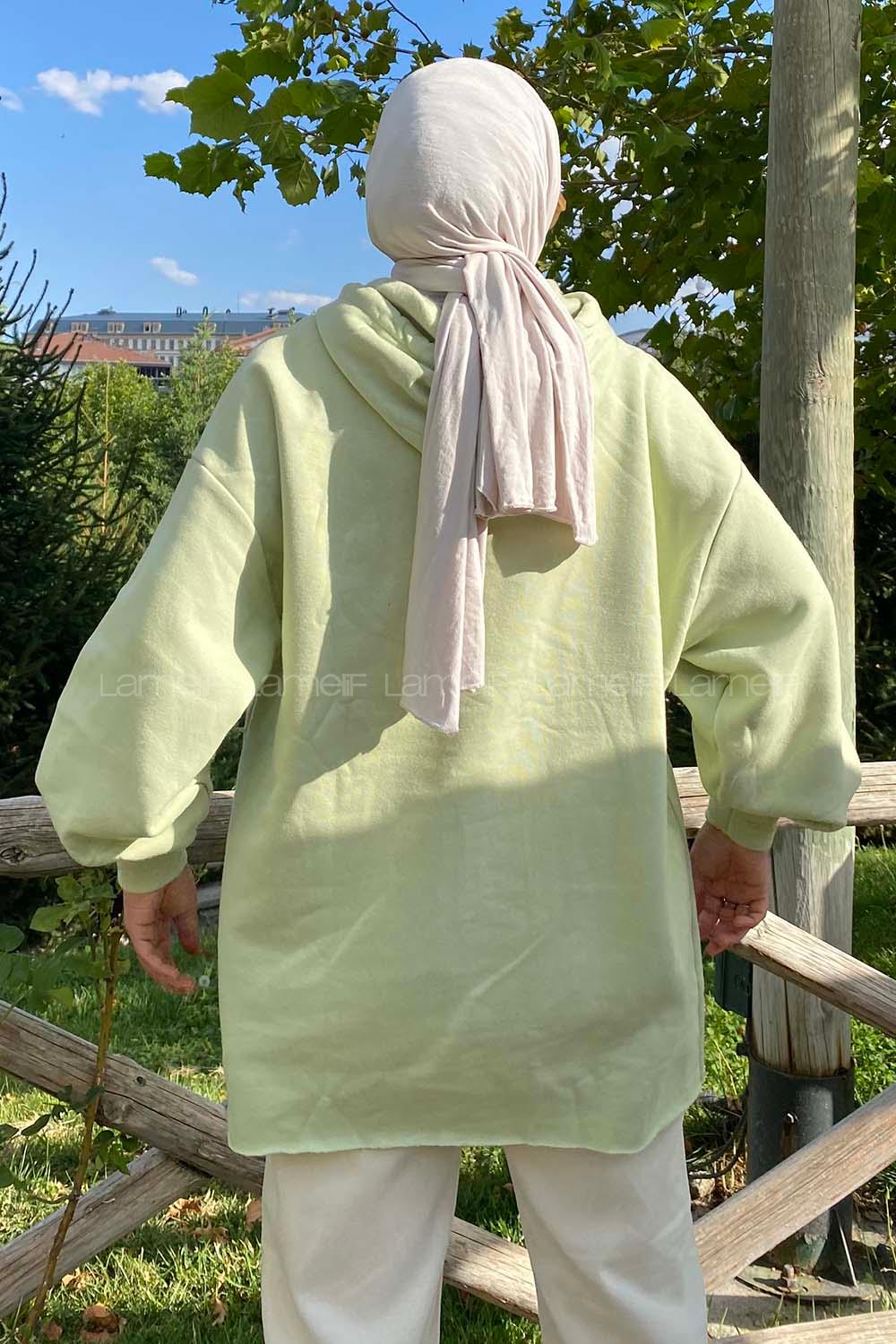 Modalamelif Kolları Büzgülü Kapüşonlu Salaş Sweat Çağla Yeşili