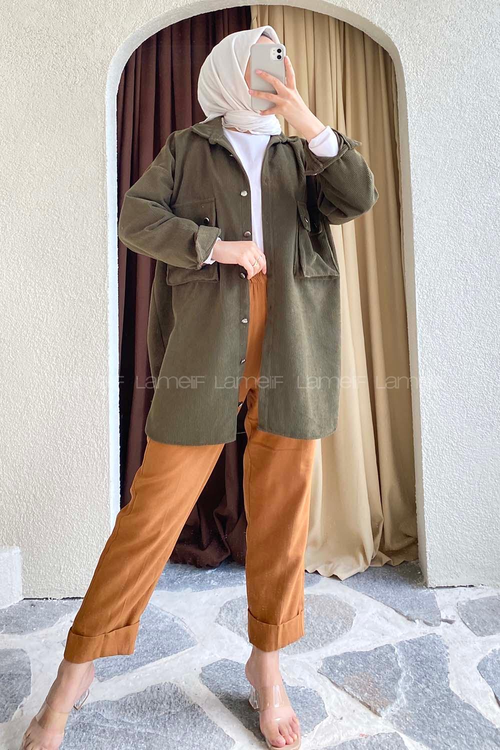Modalamelif Körüklü Çift Cep Kapaklı Boydan Düğmeli Gömlek Haki