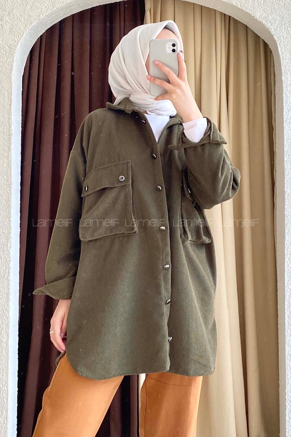 Modalamelif Körüklü Çift Cep Kapaklı Boydan Düğmeli Gömlek Haki