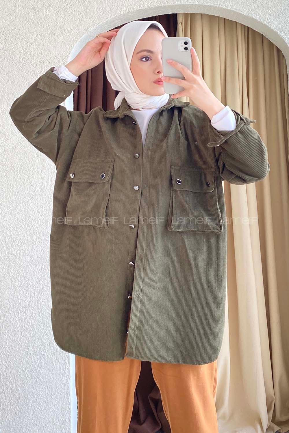 Modalamelif Körüklü Çift Cep Kapaklı Boydan Düğmeli Gömlek Haki