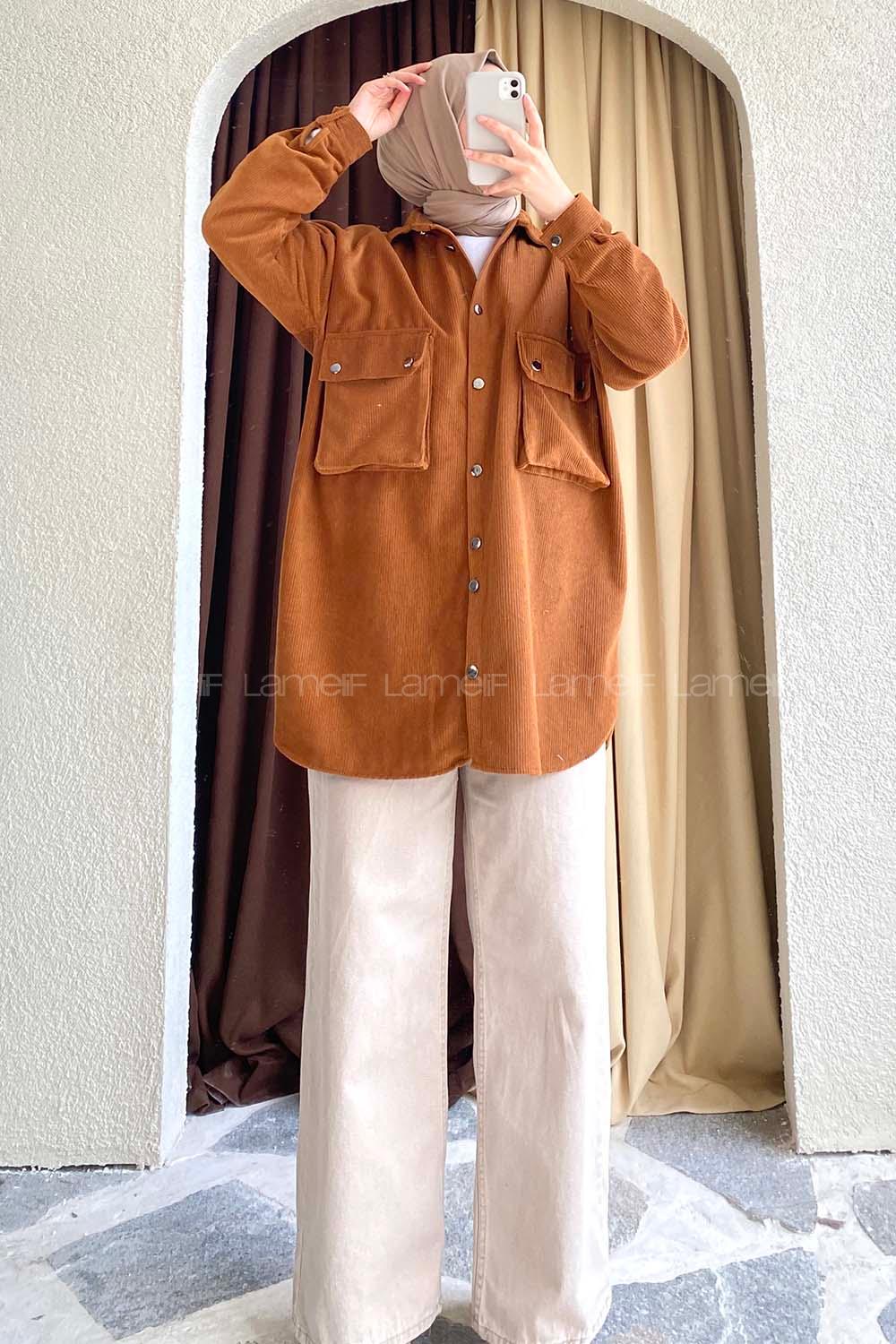 Modalamelif Körüklü Çift Cep Kapaklı Boydan Düğmeli Gömlek Kahverengi