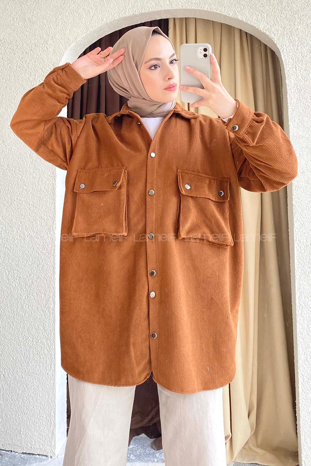 Modalamelif Körüklü Çift Cep Kapaklı Boydan Düğmeli Gömlek Kahverengi