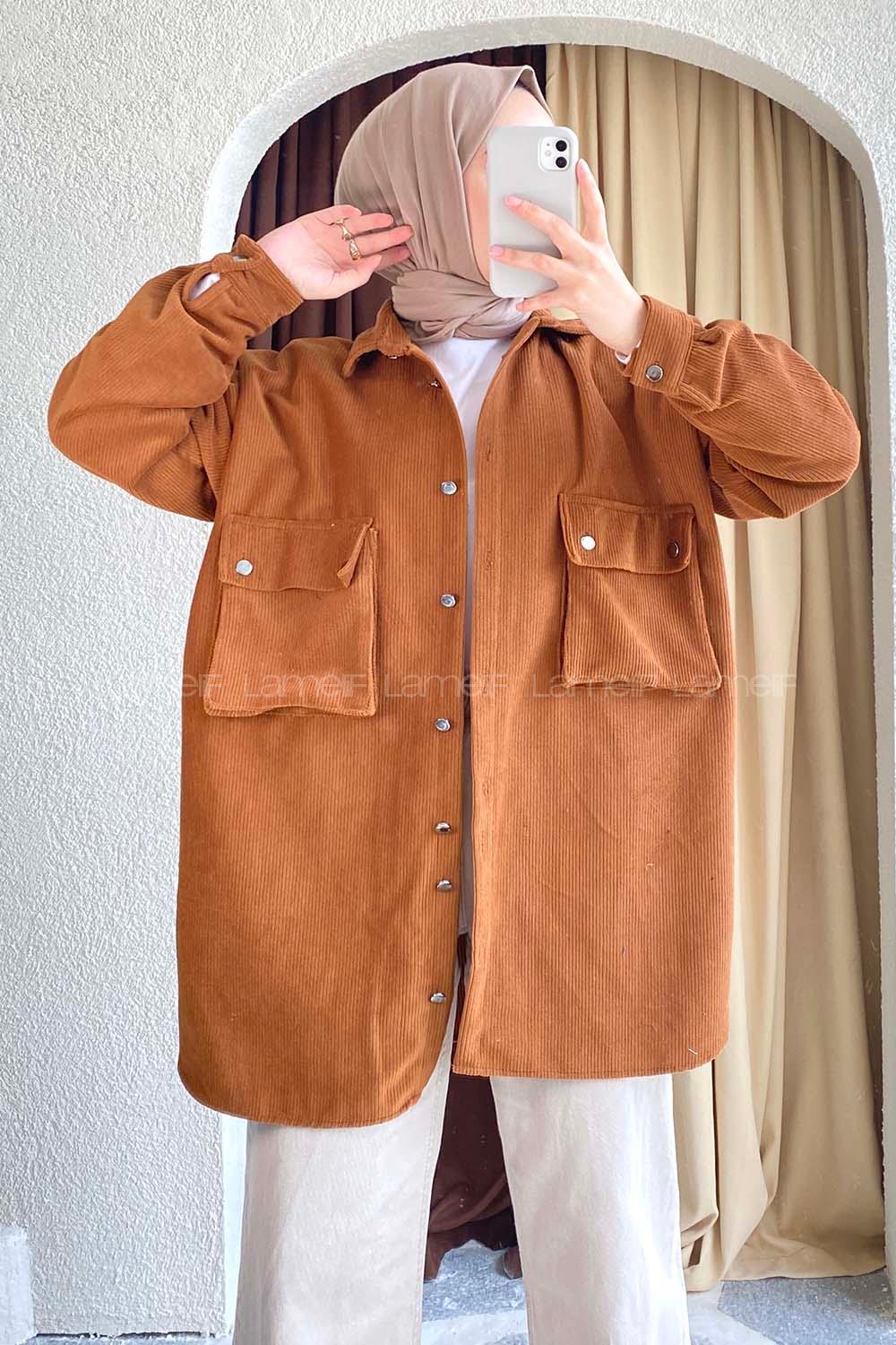 Modalamelif Körüklü Çift Cep Kapaklı Boydan Düğmeli Gömlek Kahverengi