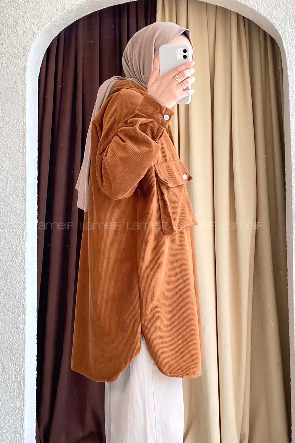 Modalamelif Körüklü Çift Cep Kapaklı Boydan Düğmeli Gömlek Kahverengi