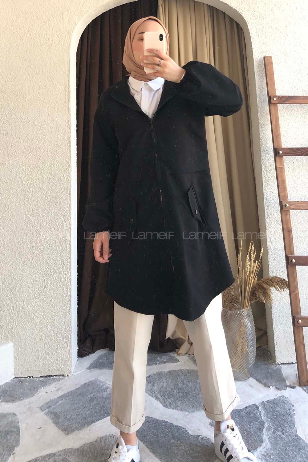 Modalamelif Ön Fermuarlı Kap Siyah