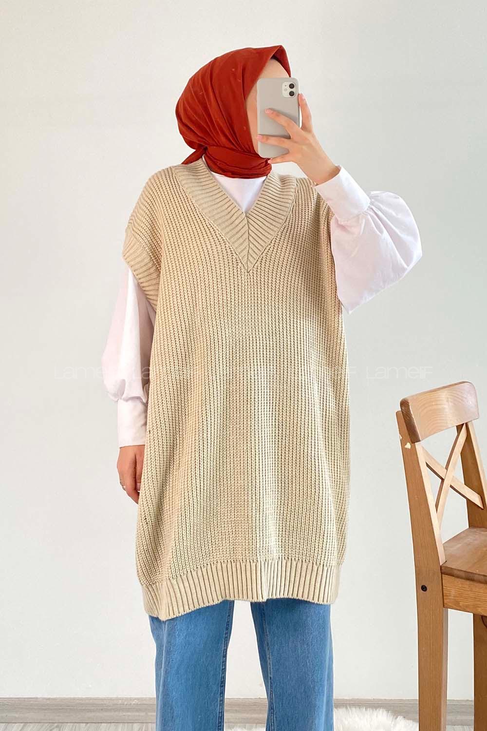 Modalamelif Ovarsize V Yaka Süveter Bej