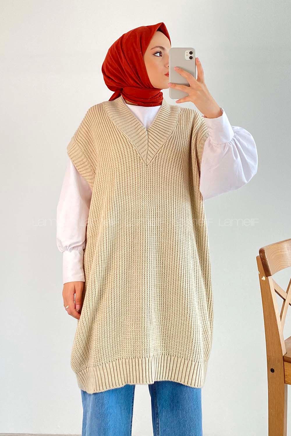 Modalamelif Ovarsize V Yaka Süveter Bej