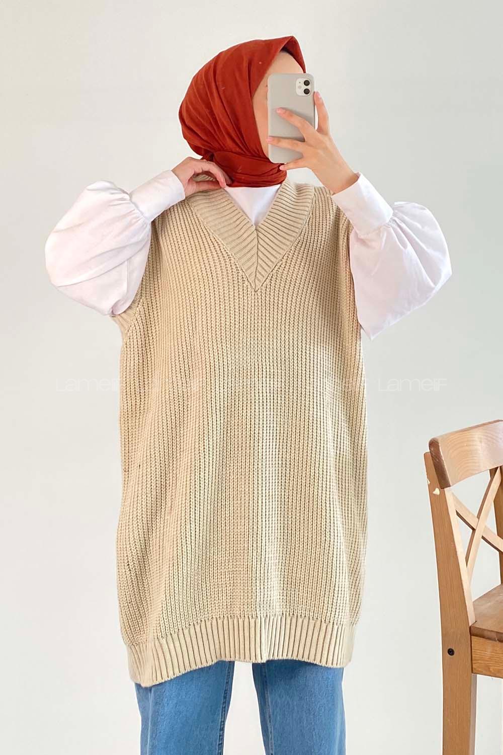 Modalamelif Ovarsize V Yaka Süveter Bej