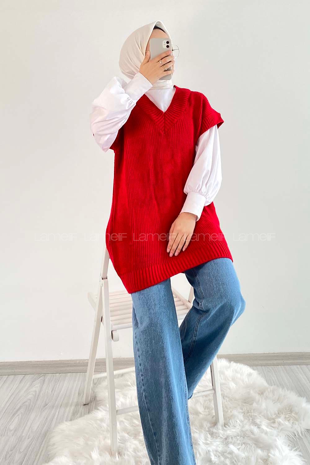 Modalamelif Ovarsize V Yaka Süveter Kırmızı