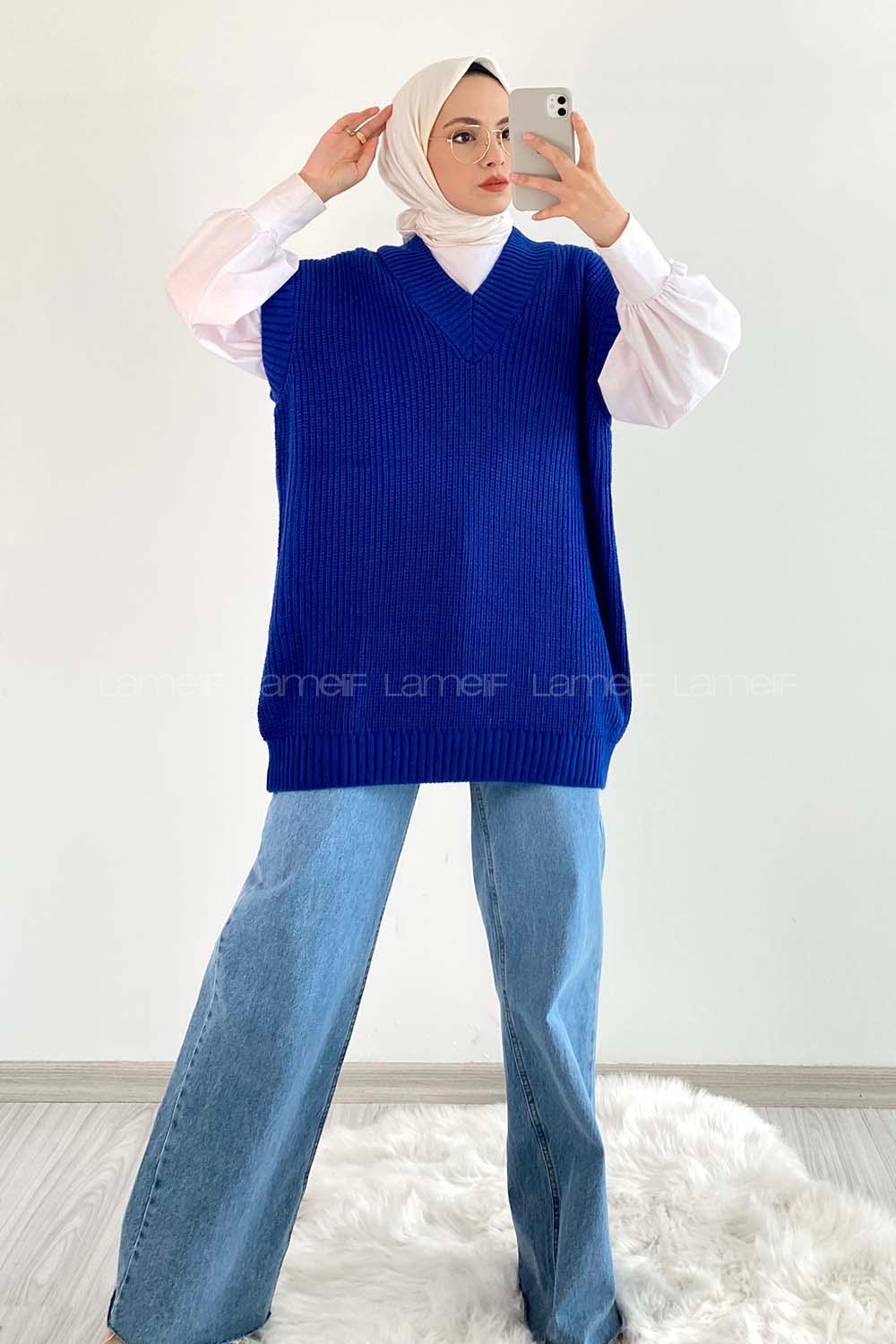 Modalamelif Ovarsize V Yaka Süveter Saks Mavisi