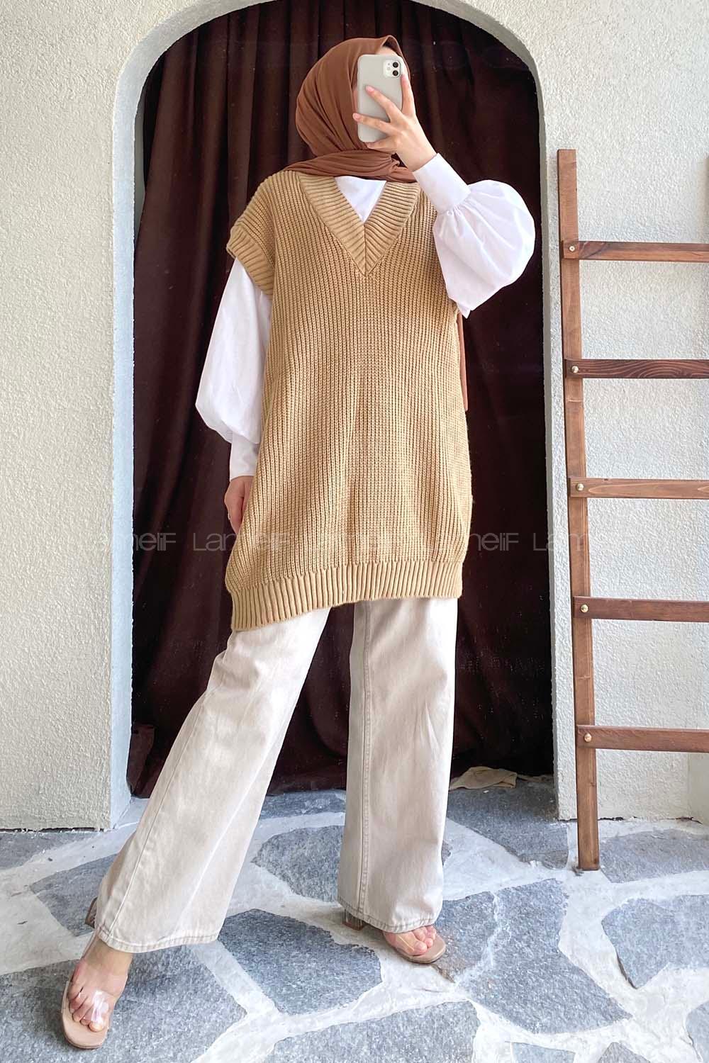 Modalamelif Ovarsize V Yaka Süveter Sütlü Kahve