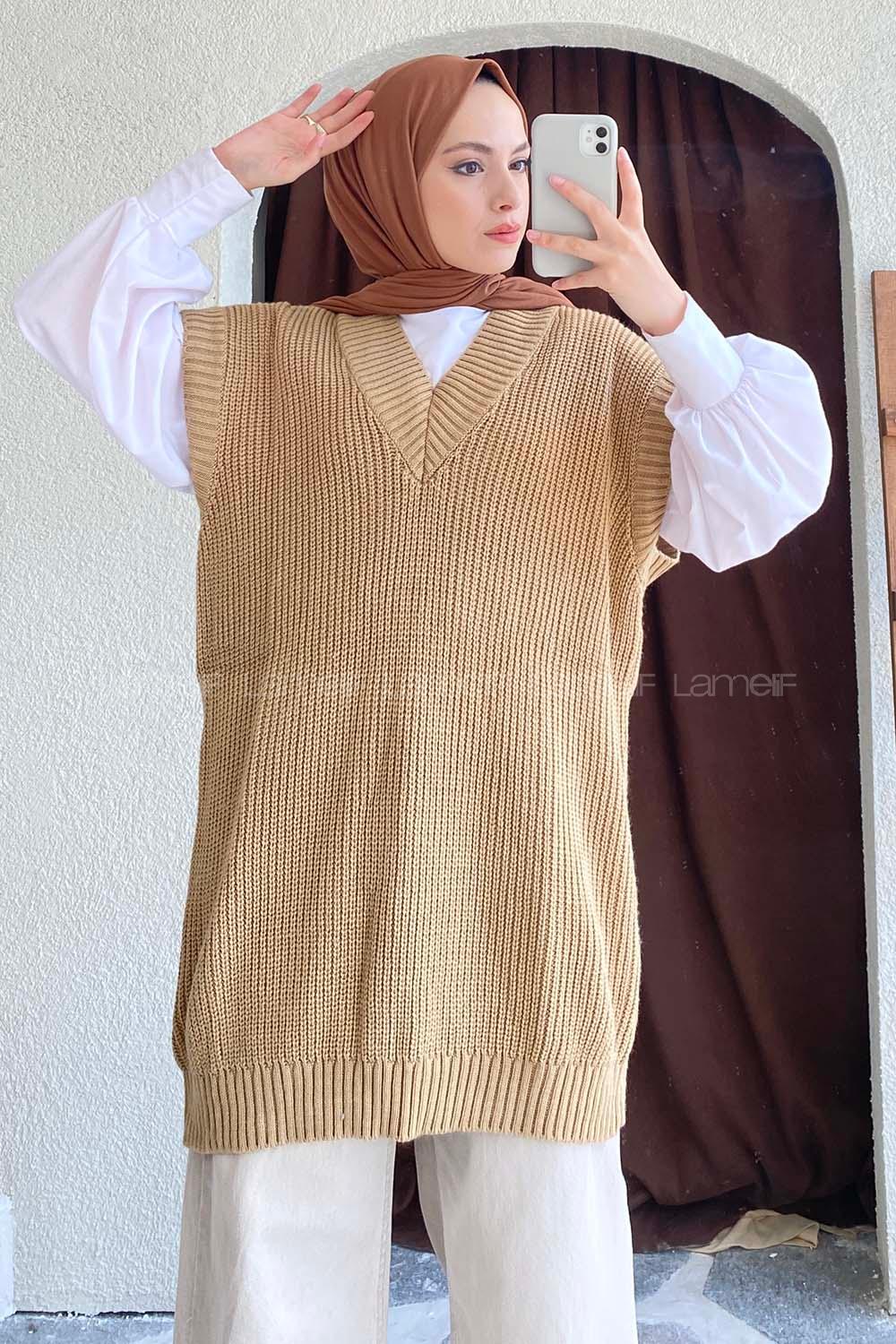 Modalamelif Ovarsize V Yaka Süveter Sütlü Kahve