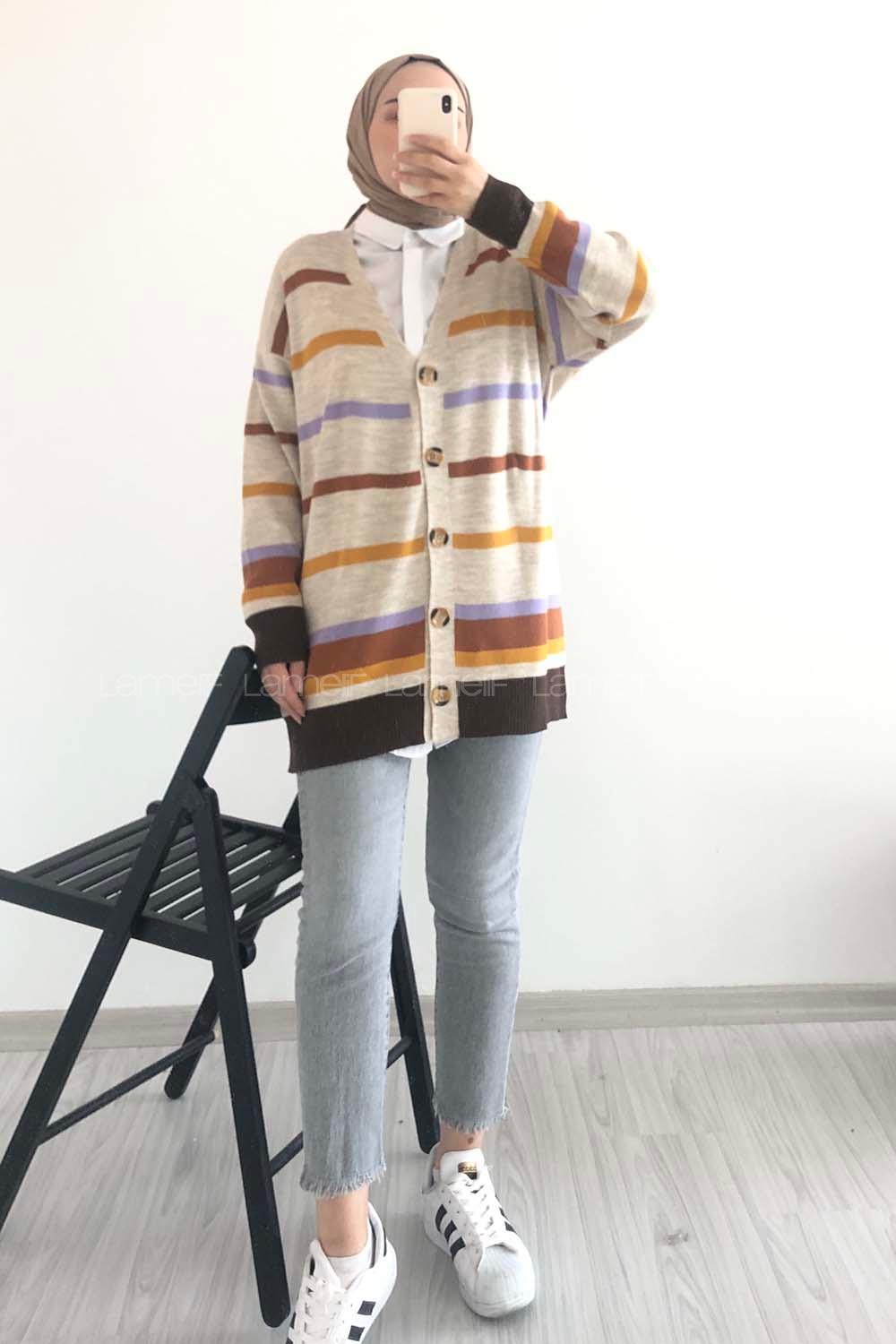 Modalamelif Renk Garnili Şerit Geçişli Triko Hırka Bej