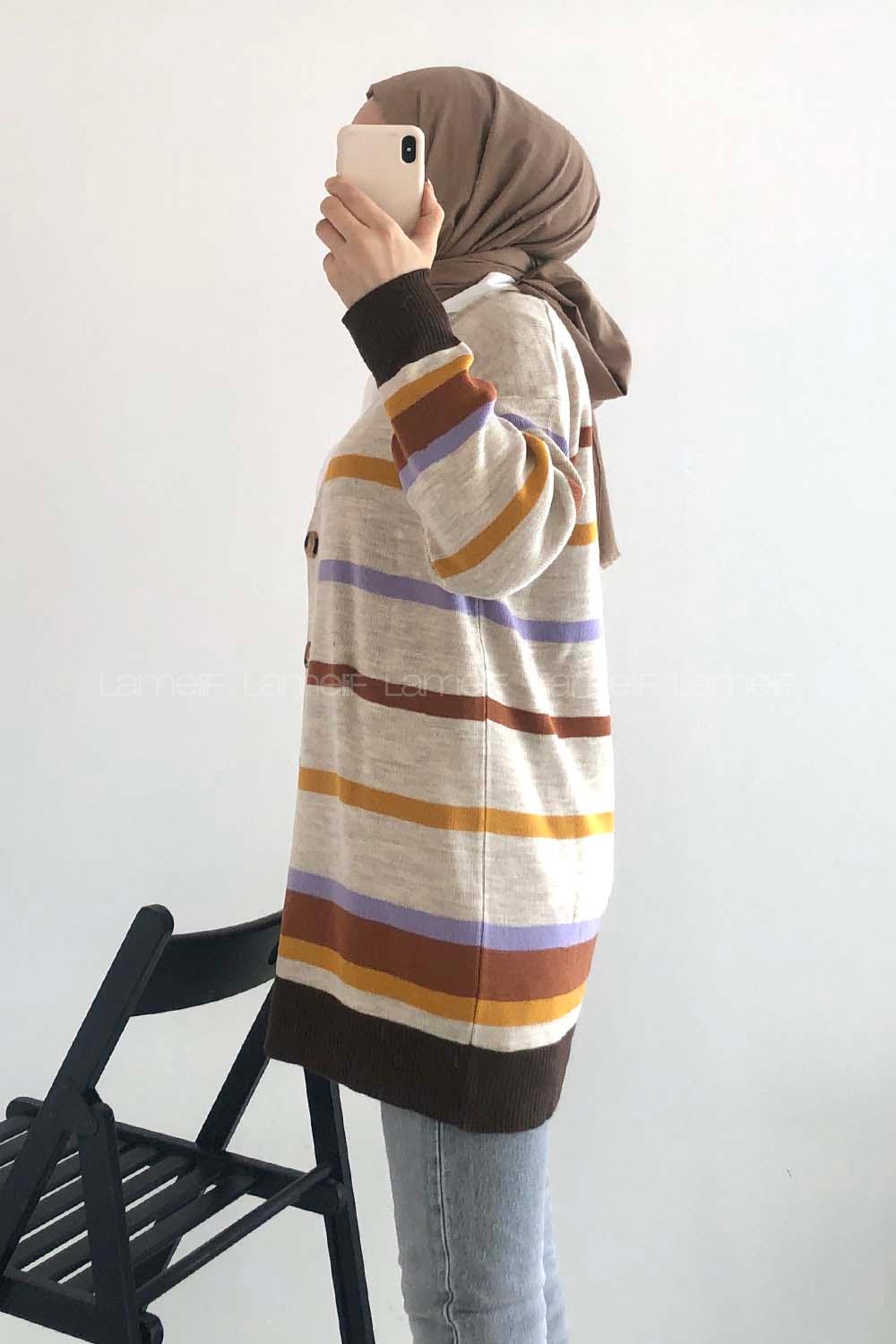 Modalamelif Renk Garnili Şerit Geçişli Triko Hırka Bej