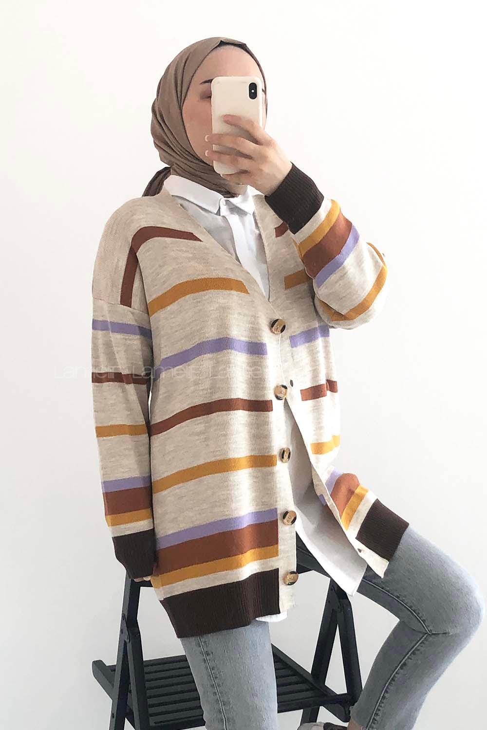 Modalamelif Renk Garnili Şerit Geçişli Triko Hırka Bej