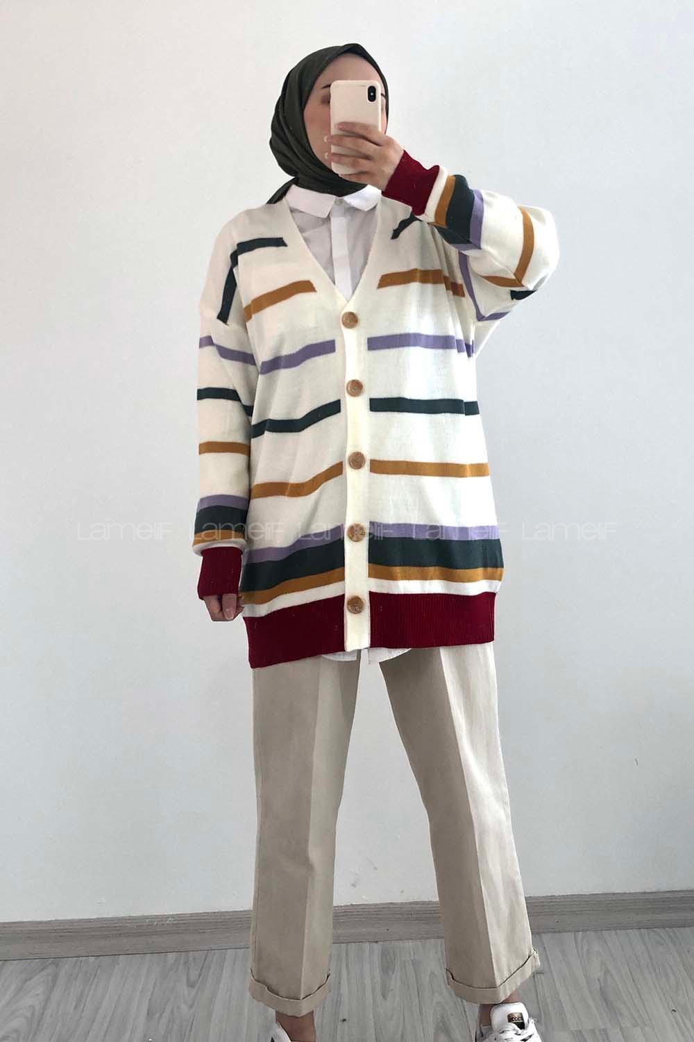 Modalamelif Renk Garnili Şerit Geçişli Triko Hırka Ekru