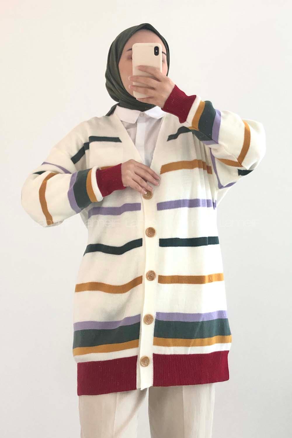 Modalamelif Renk Garnili Şerit Geçişli Triko Hırka Ekru