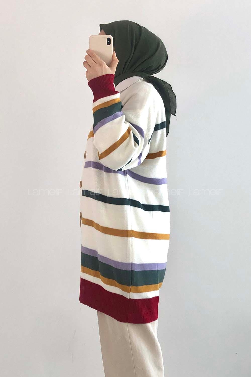 Modalamelif Renk Garnili Şerit Geçişli Triko Hırka Ekru