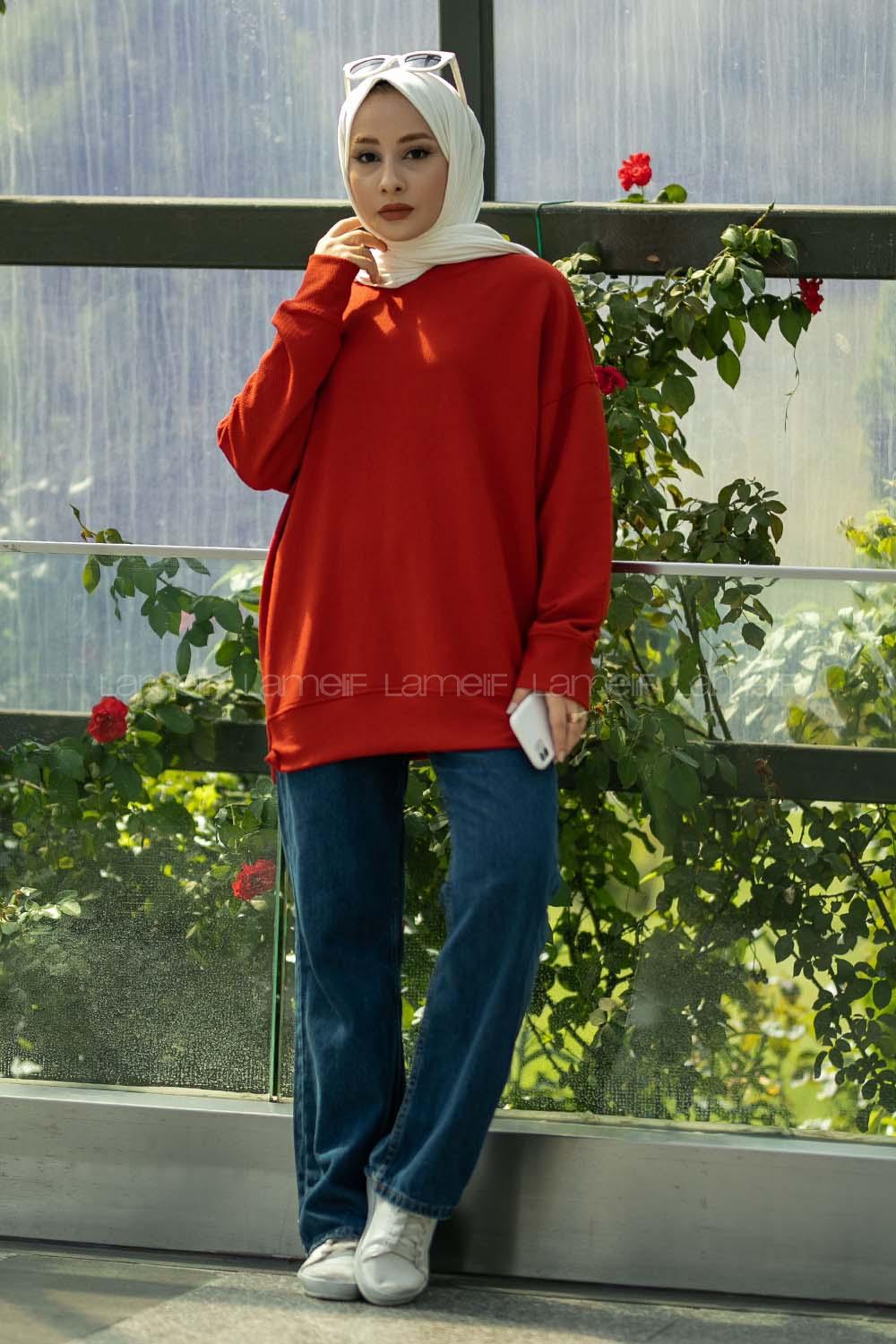 Modalamelif Bisiklet Yaka Dokulu Sweat Bordo