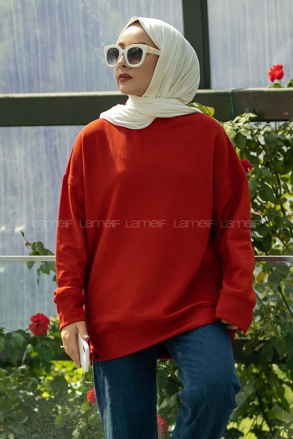 Modalamelif Bisiklet Yaka Dokulu Sweat Bordo