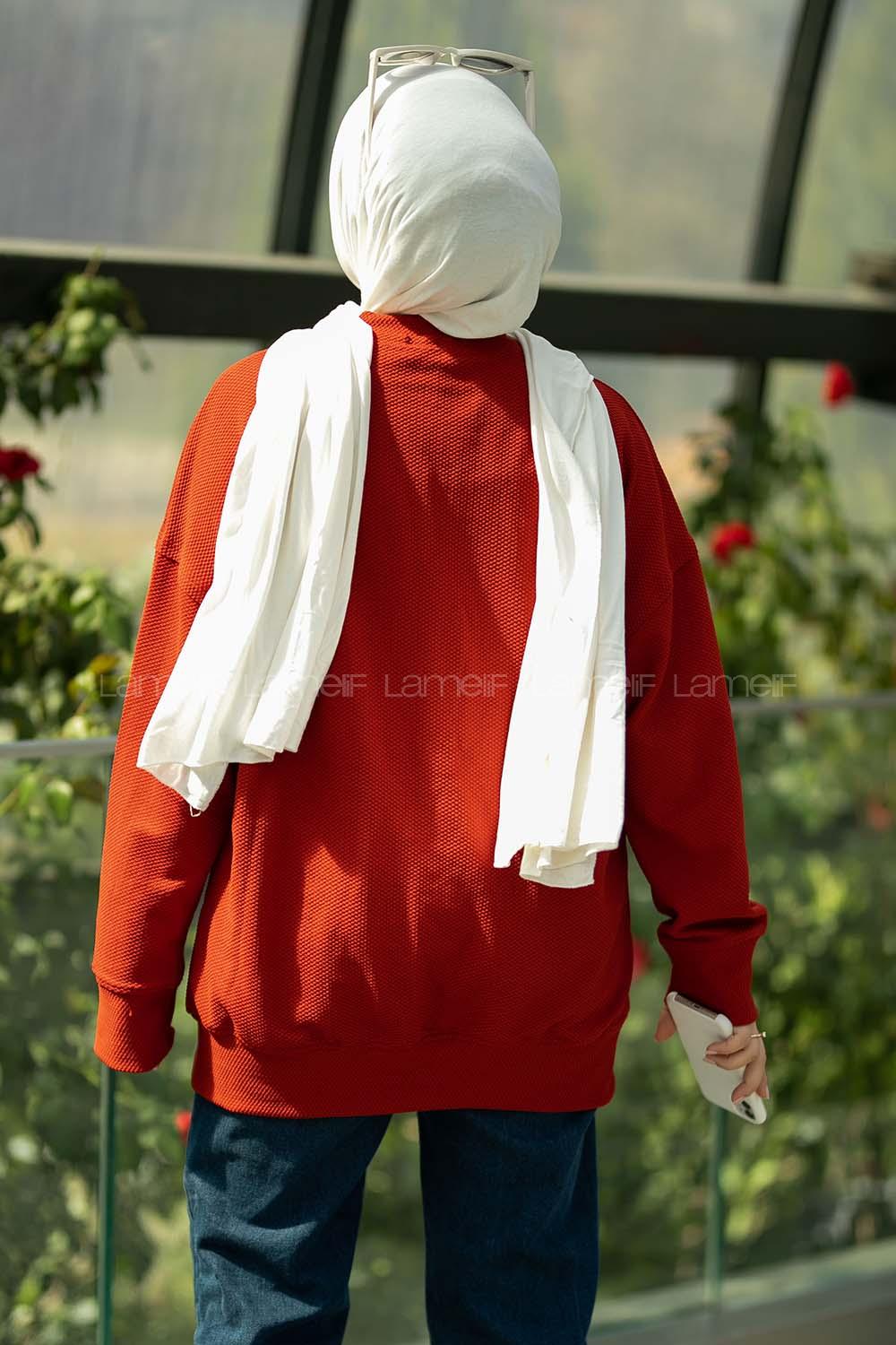 Modalamelif Bisiklet Yaka Dokulu Sweat Bordo