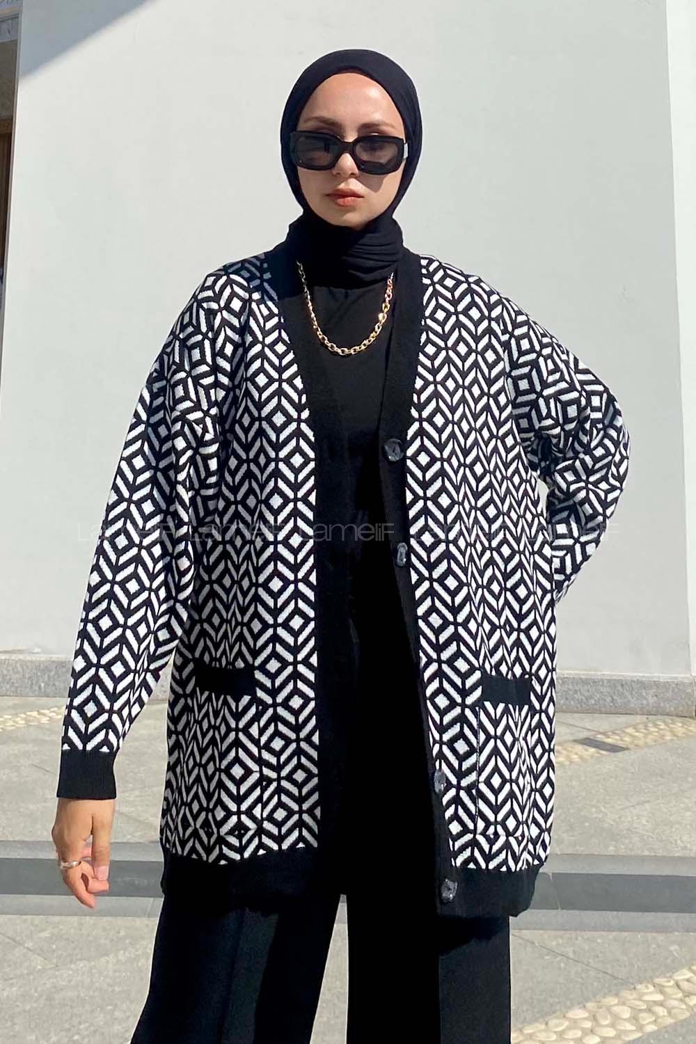 Modalamelif Çift Cepli Renk Garnili Desenli Triko Hırka Siyah-Beyaz