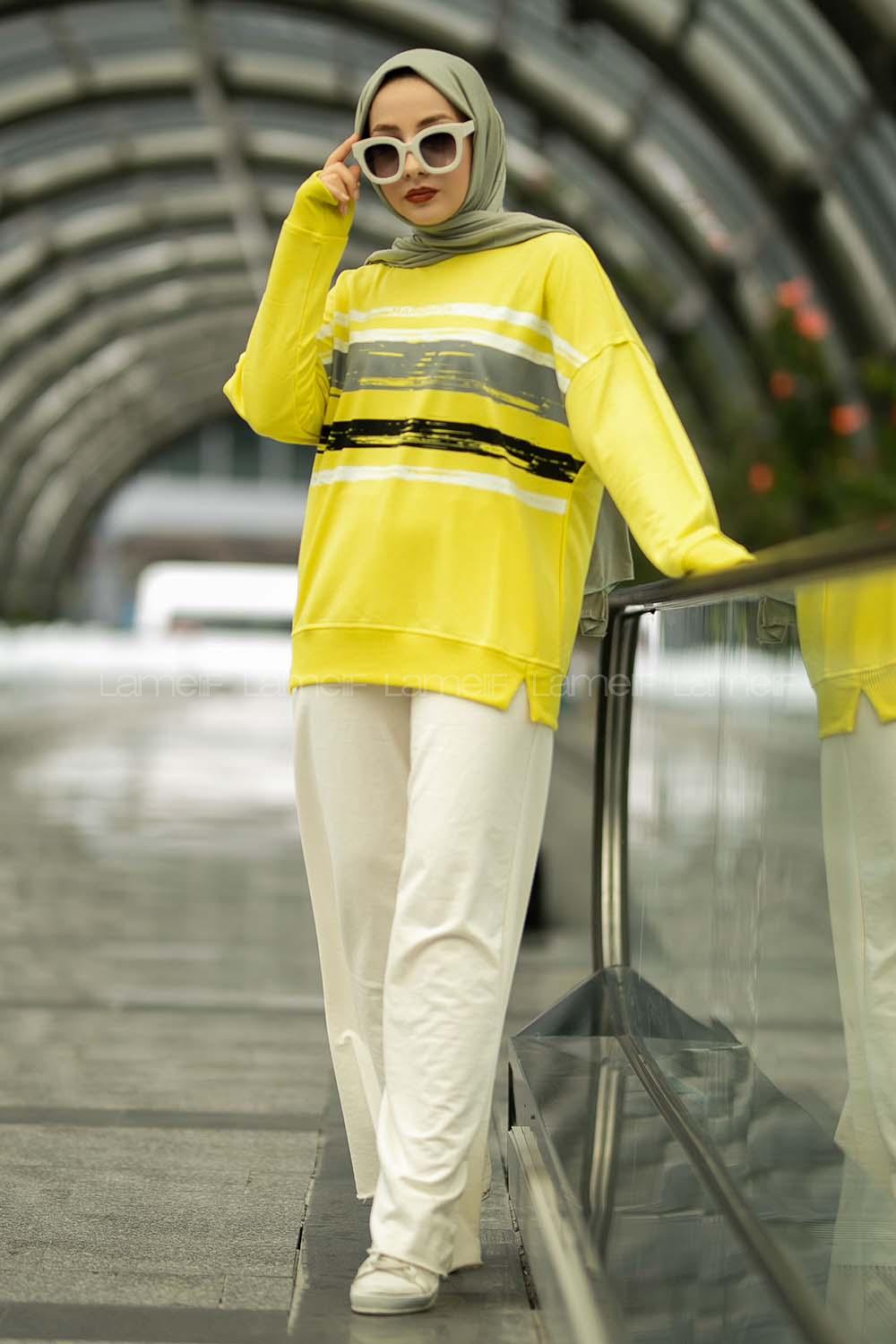 Modalamelif Marıquıta Yazılı Fırça Desenli Bisiklet Yaka Bertie Sweat Sarı