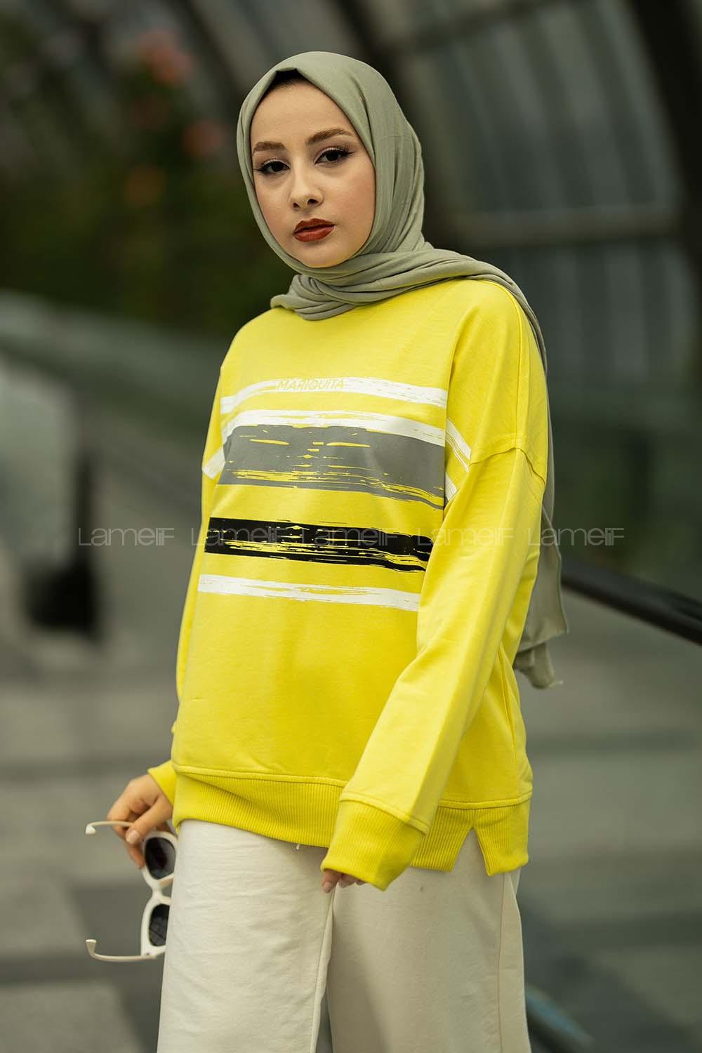 Modalamelif Marıquıta Yazılı Fırça Desenli Bisiklet Yaka Bertie Sweat Sarı